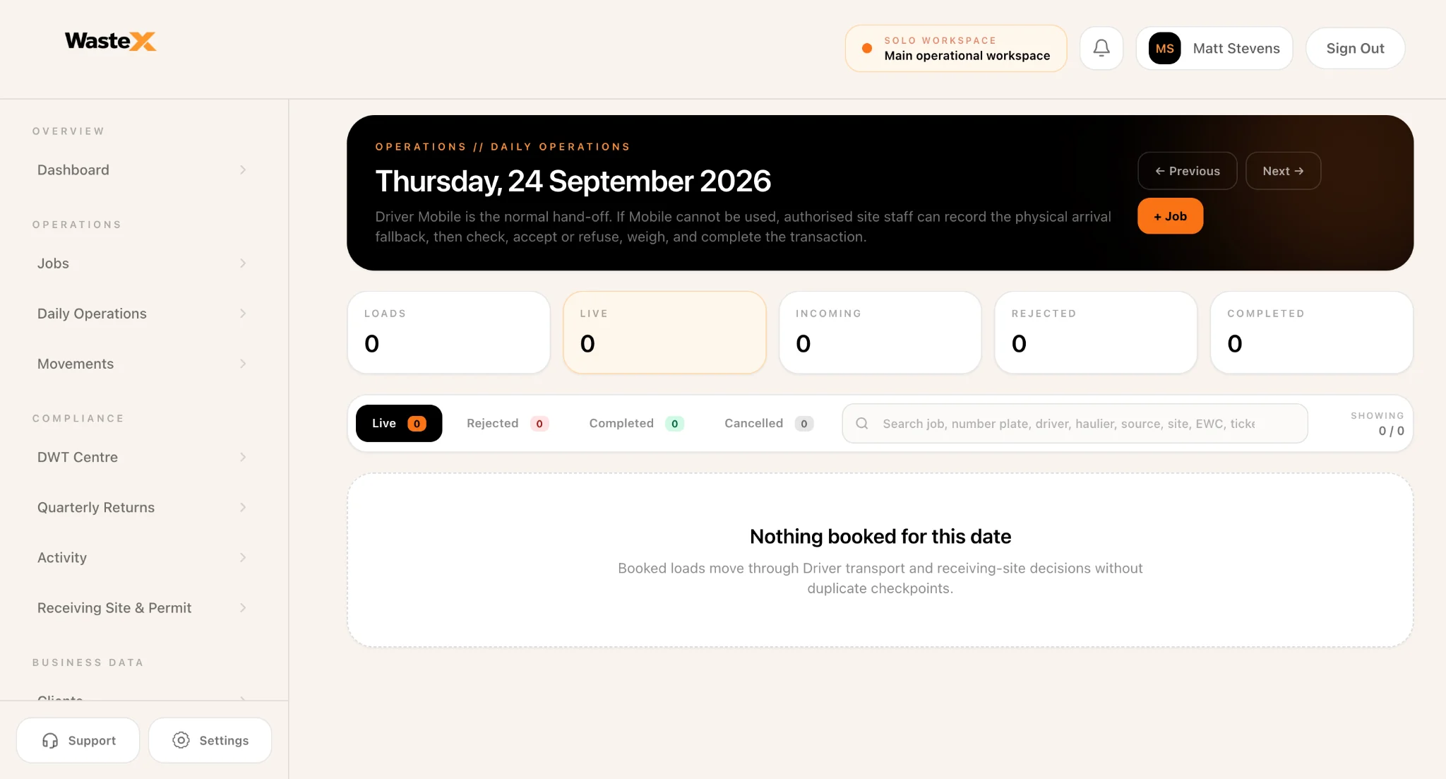 Waste X daily operations screen for booked and live waste loads