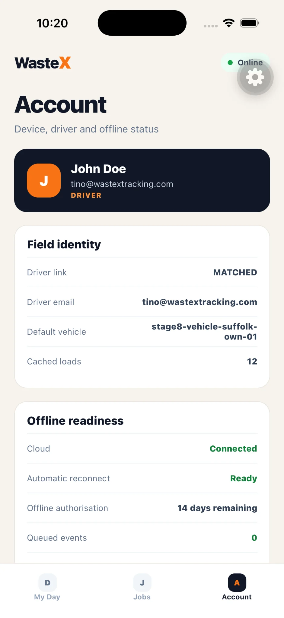Waste X mobile app account and offline readiness screen