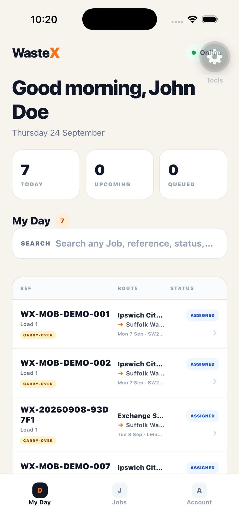 Waste X mobile app My Day screen for waste drivers